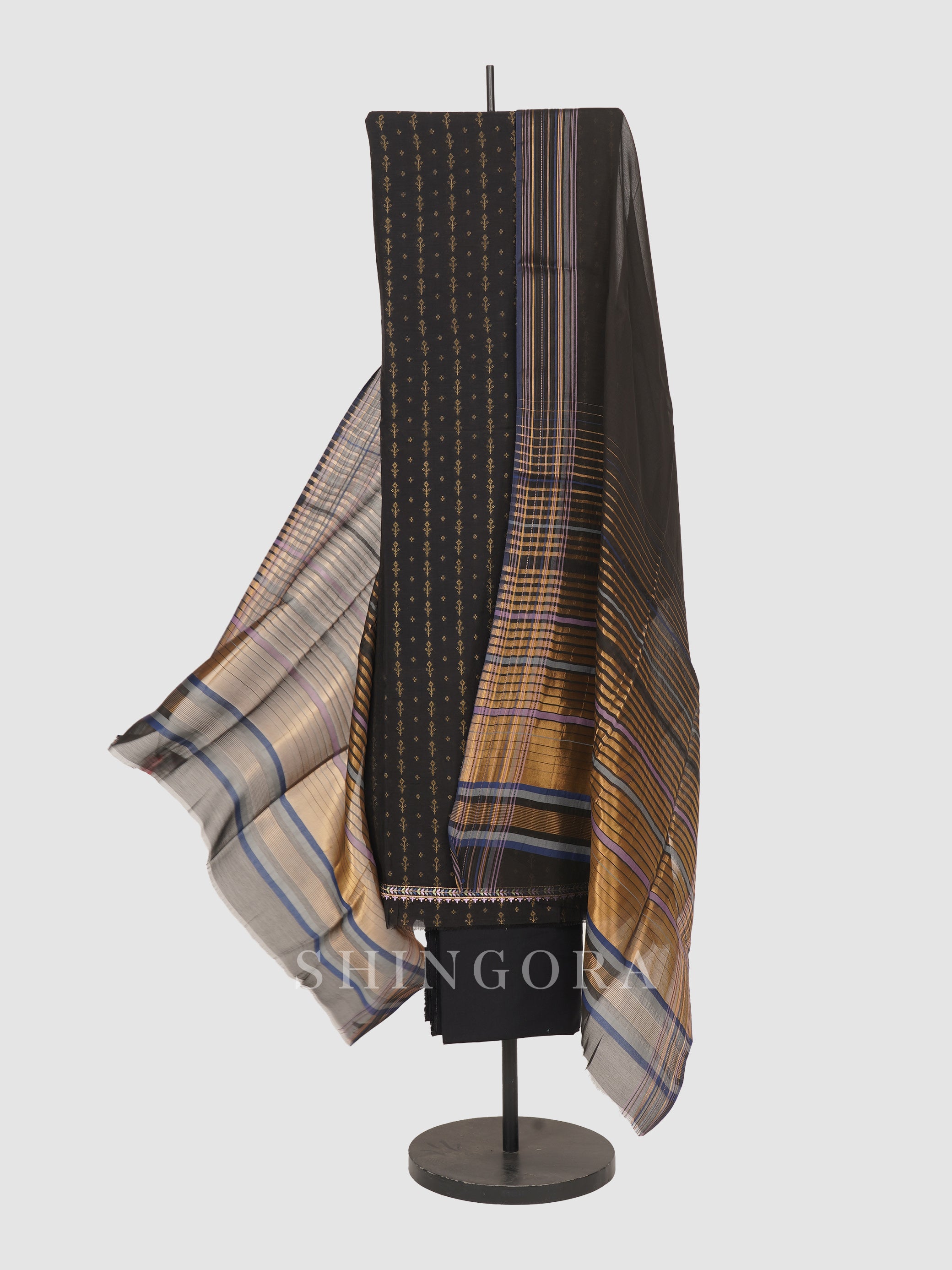 Akaar: Jacquard Embroidered Unstitched Suit with Striped Dupatta