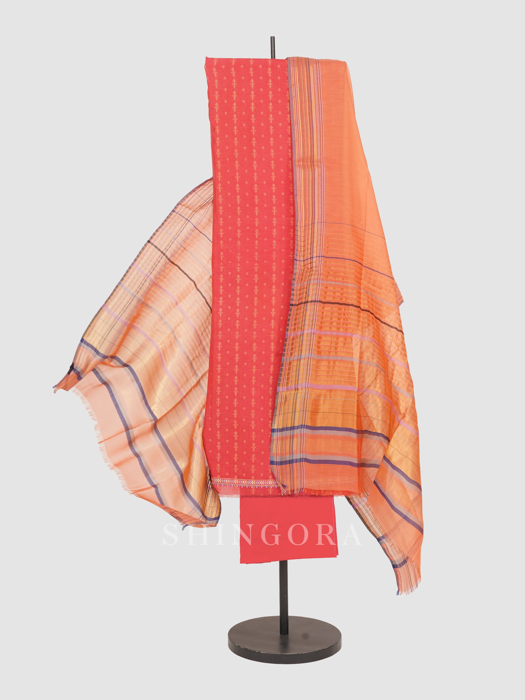 Akaar: Jacquard Embroidered Unstitched Suit with Striped Dupatta