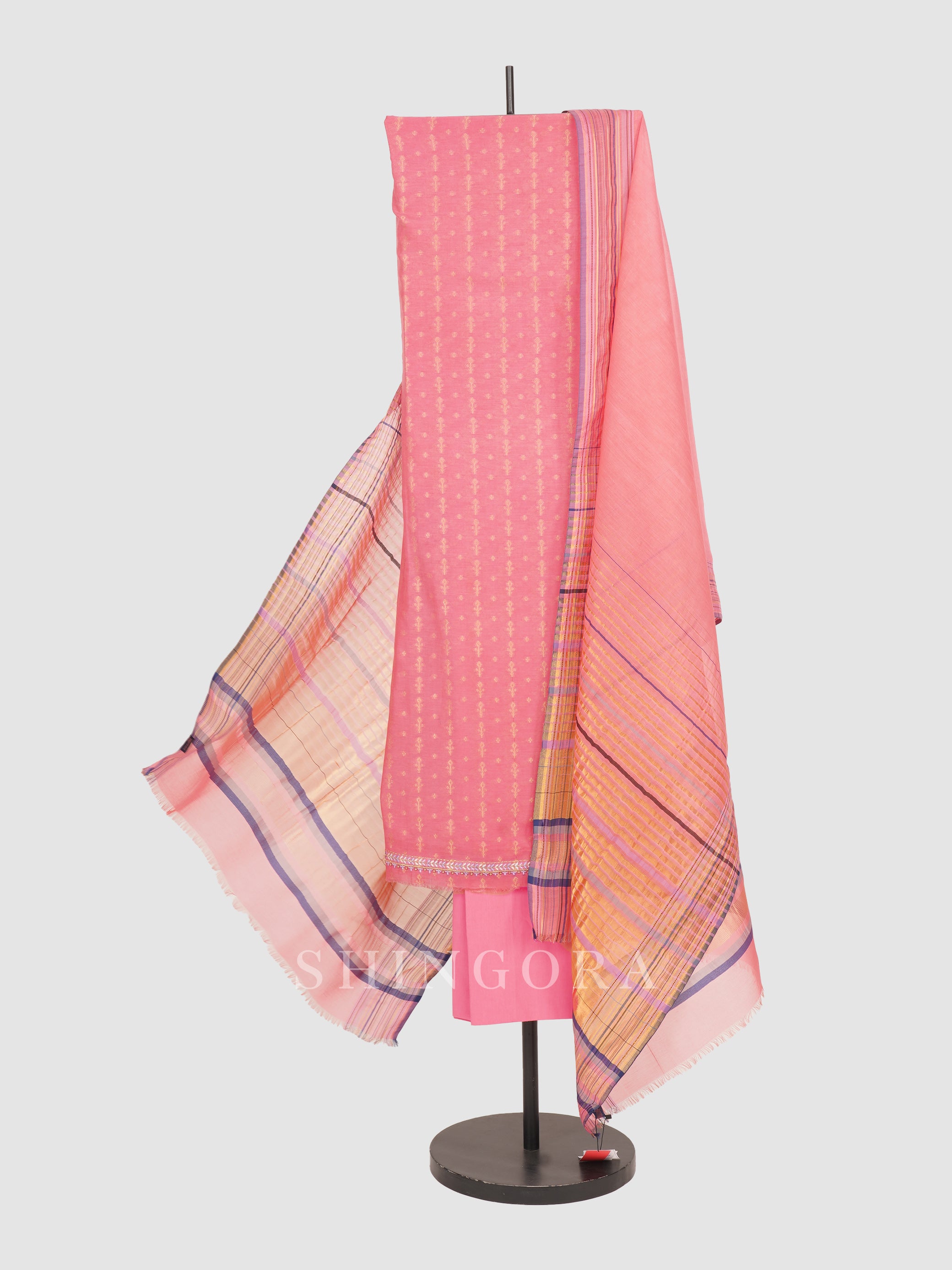 Akaar: Jacquard Embroidered Unstitched Suit with Striped Dupatta
