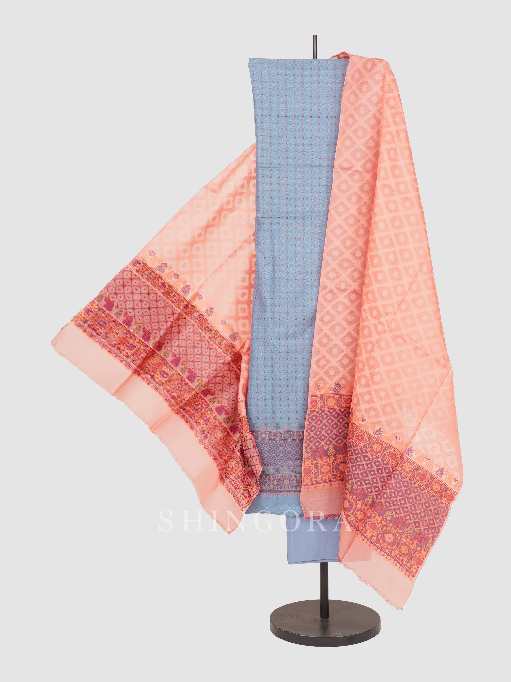 Aarzoo: Crimson Gem Jacquard Metallic Unstitched Suit & Dupatta