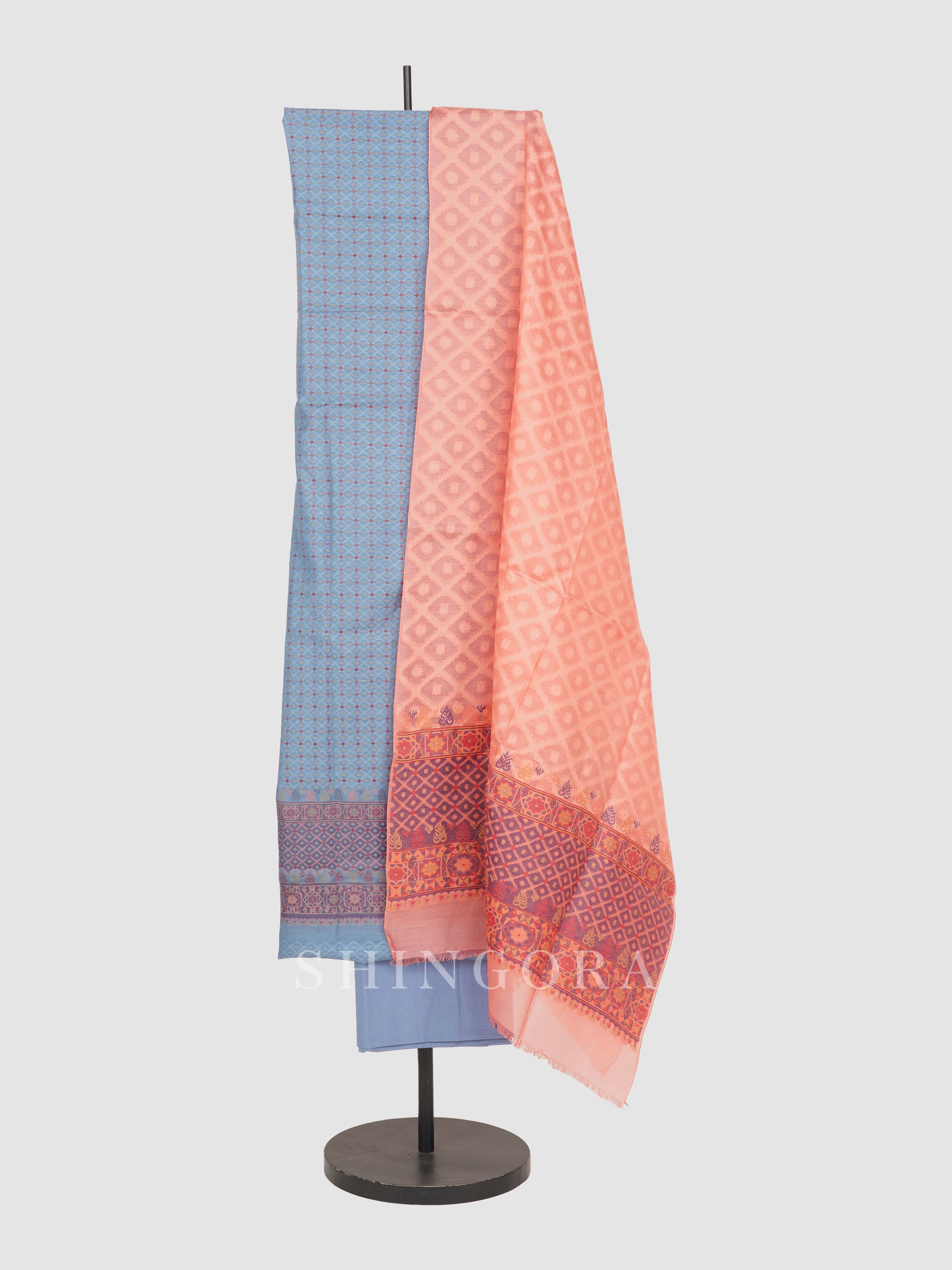 Aarzoo: Crimson Gem Jacquard Metallic Unstitched Suit & Dupatta