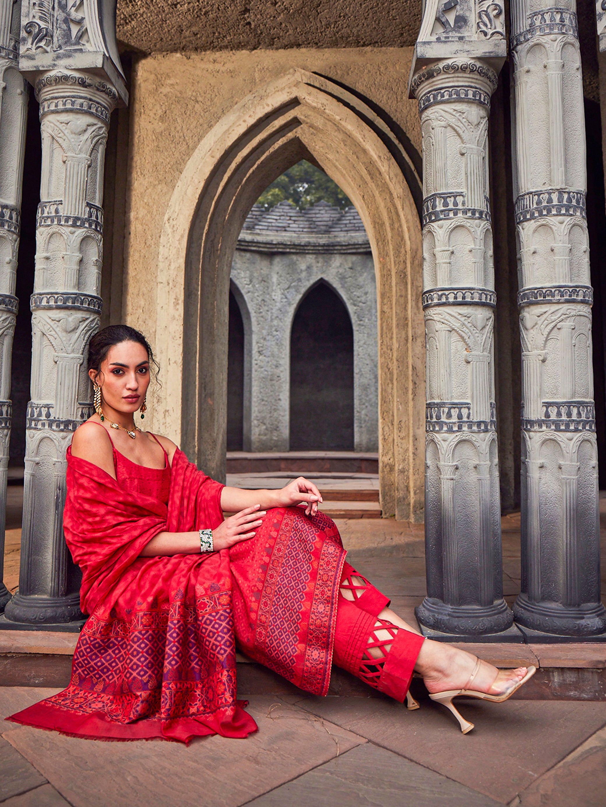 Aarzoo: Crimson Gem Jacquard Metallic Unstitched Suit & Dupatta