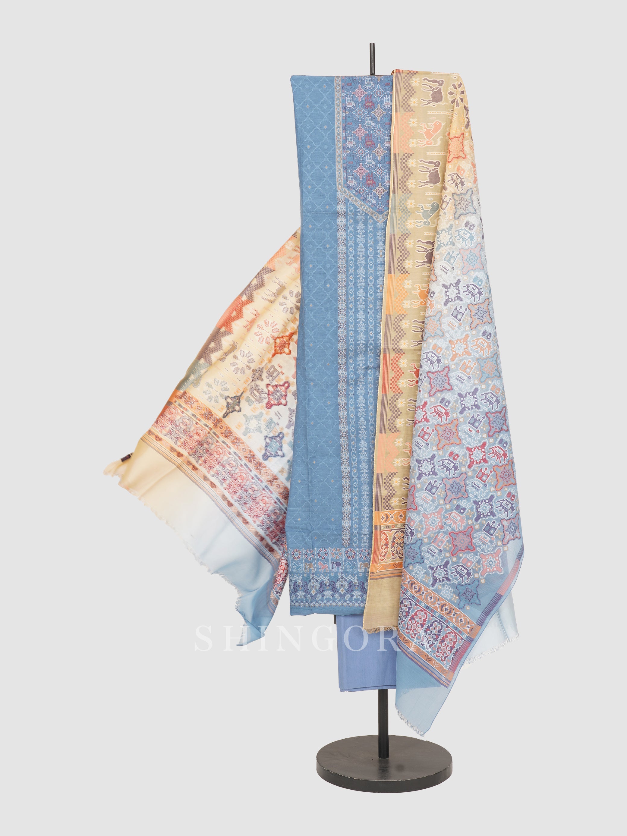 Manzil: Beige Ecru Ombre Jacquard Karni Unstitched Suit & Dupatta