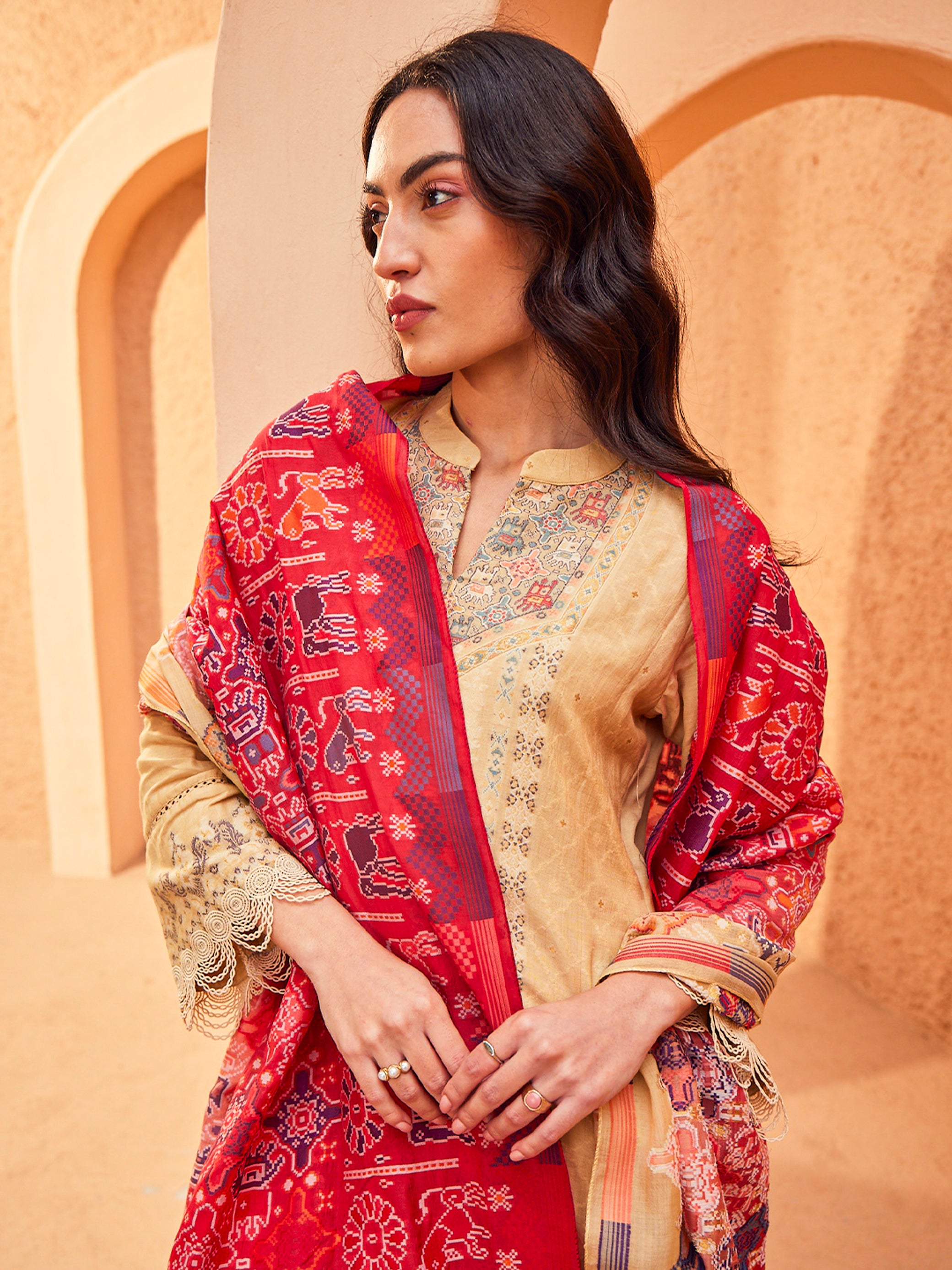 Manzil: Beige Ecru Ombre Jacquard Karni Unstitched Suit & Dupatta