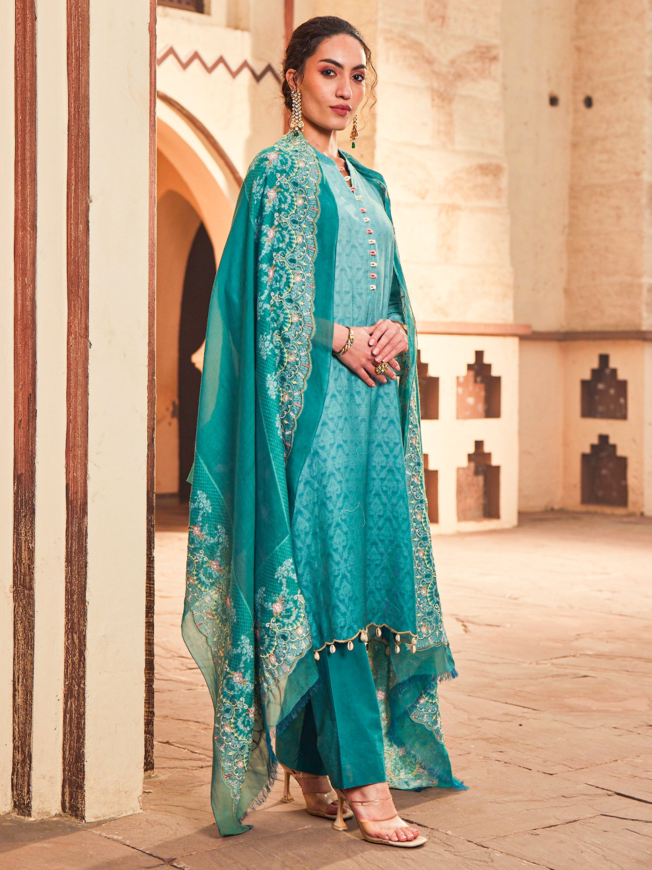 Rangoli: Ombre Cotton Unstitched Suit & Embroidered Dupatta