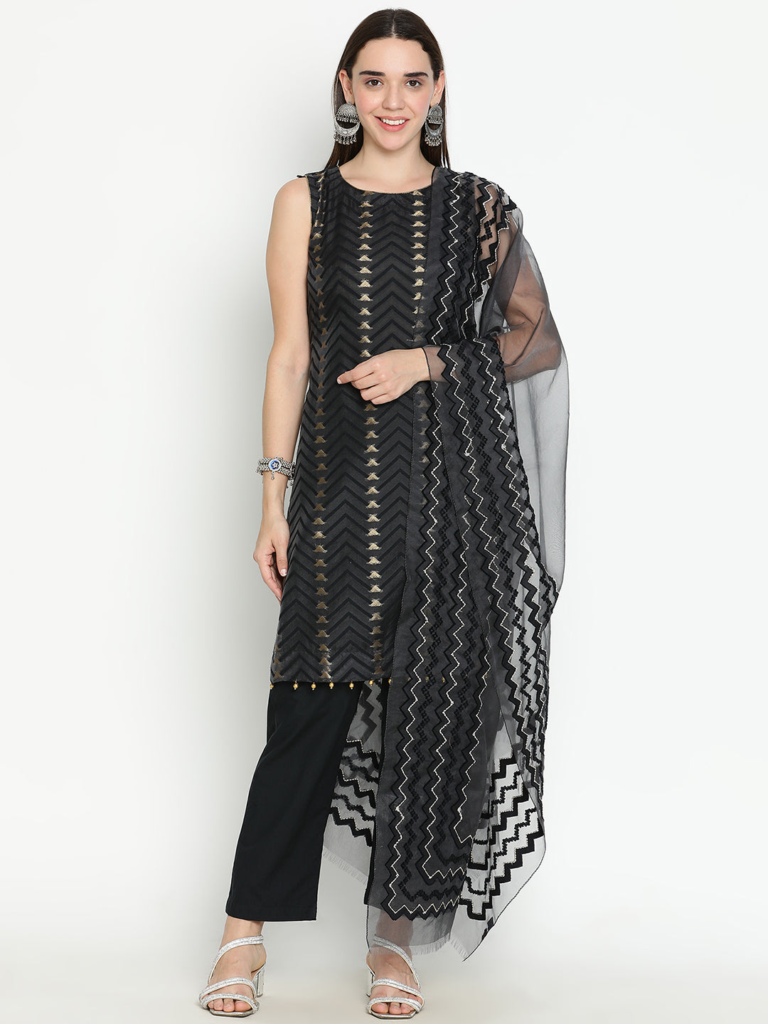 Shingora Black Chevron Woven Design Round Neck Stitched Suit Set