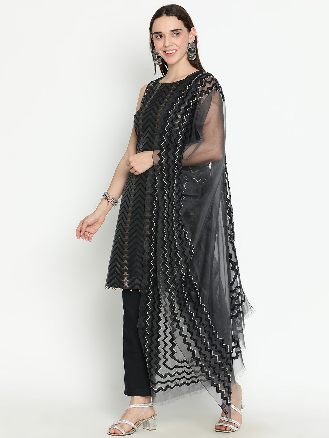 Shingora Black Chevron Woven Design Round Neck Stitched Suit Set