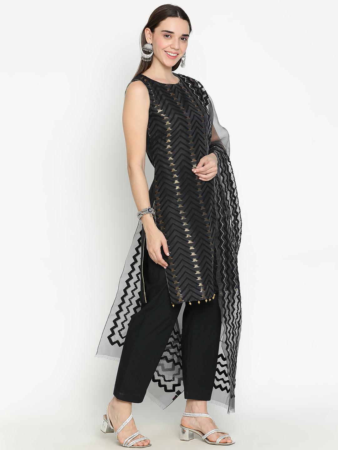 Shingora Black Chevron Woven Design Round Neck Stitched Suit Set