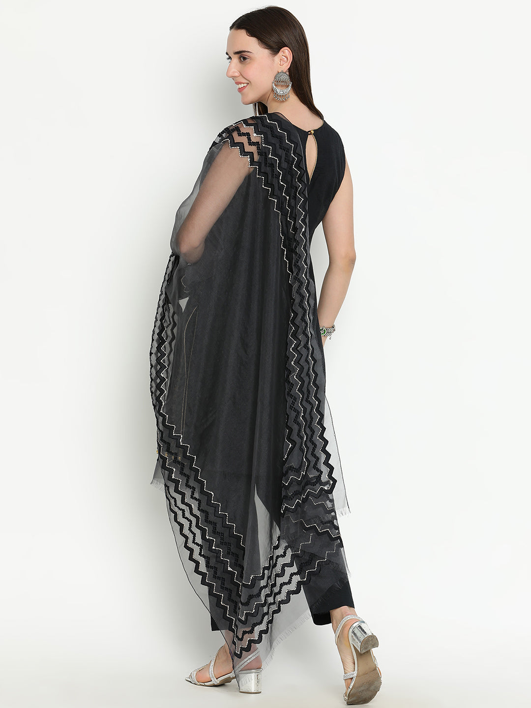 Shingora Black Chevron Woven Design Round Neck Stitched Suit Set