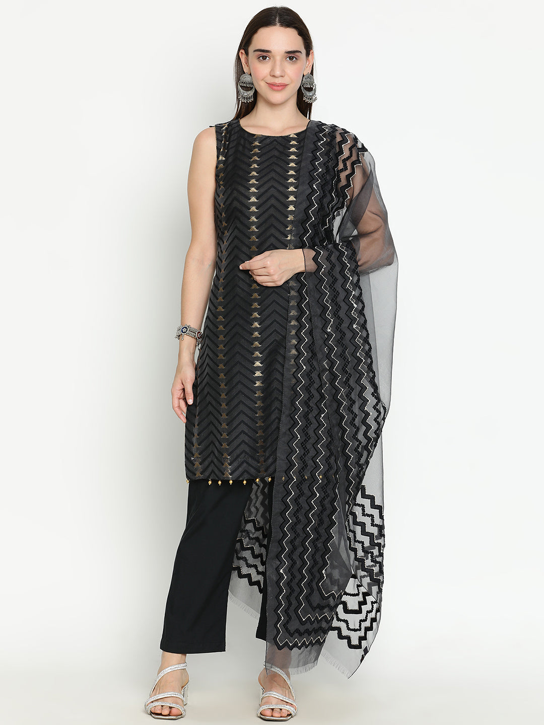 Shingora Black Chevron Woven Design Round Neck Stitched Suit Set