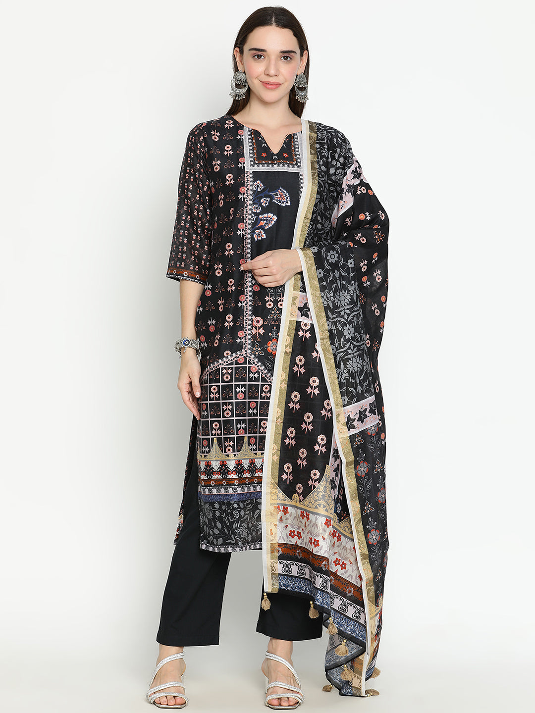 Shingora Black Floral Printed Notch Neck Stitched Suit Set