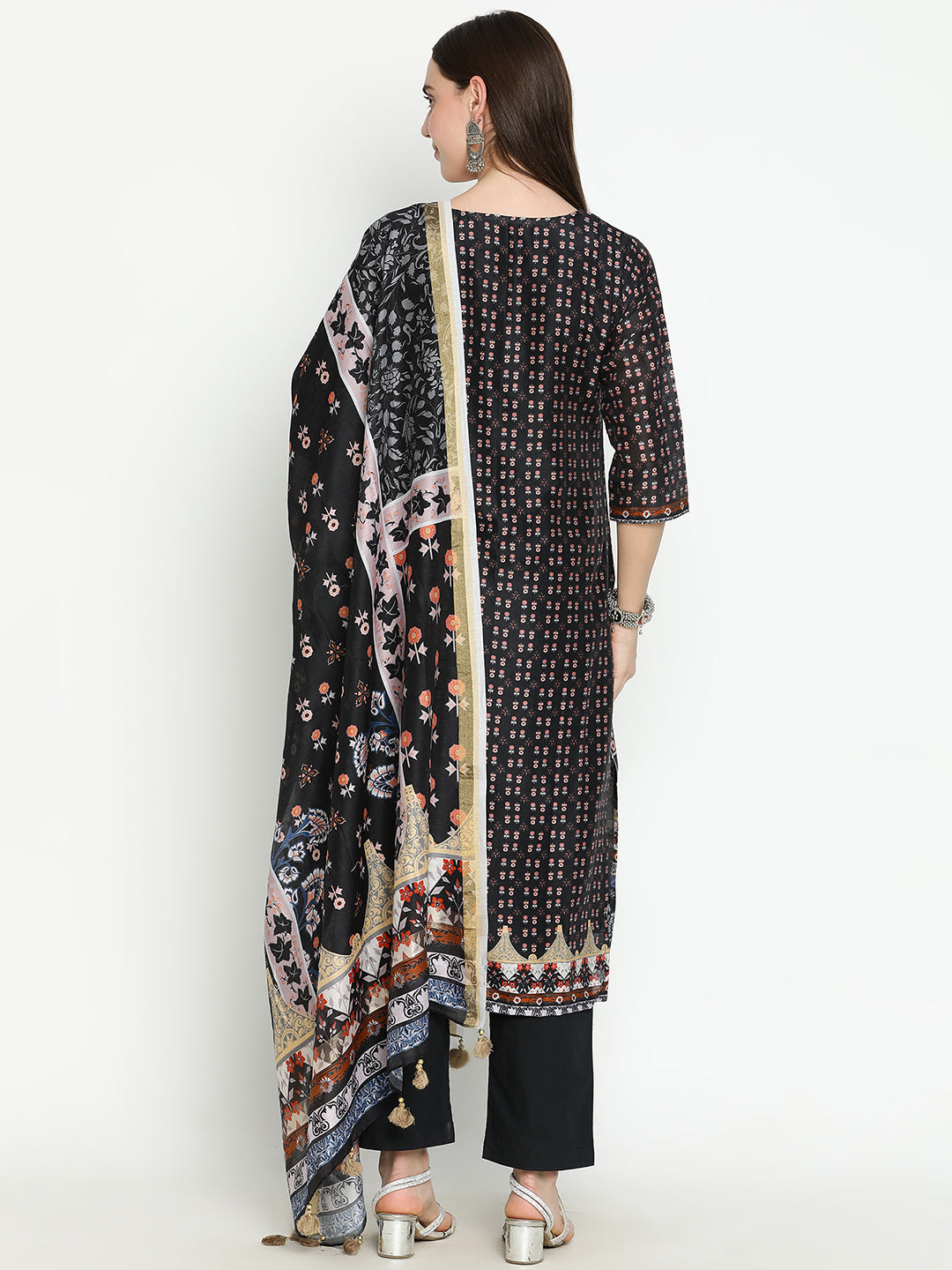 Shingora Black Floral Printed Notch Neck Stitched Suit Set