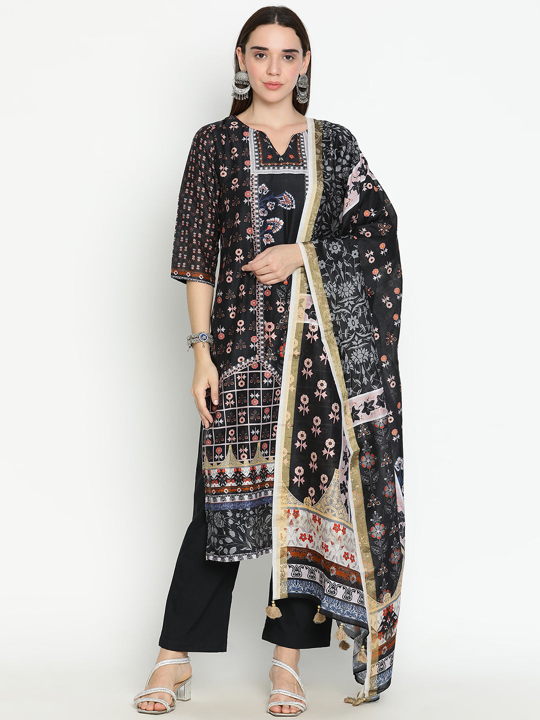 Shingora Black Floral Printed Notch Neck Stitched Suit Set