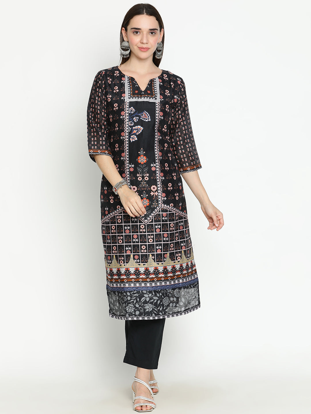 Shingora Black Floral Printed Notch Neck Stitched Suit Set