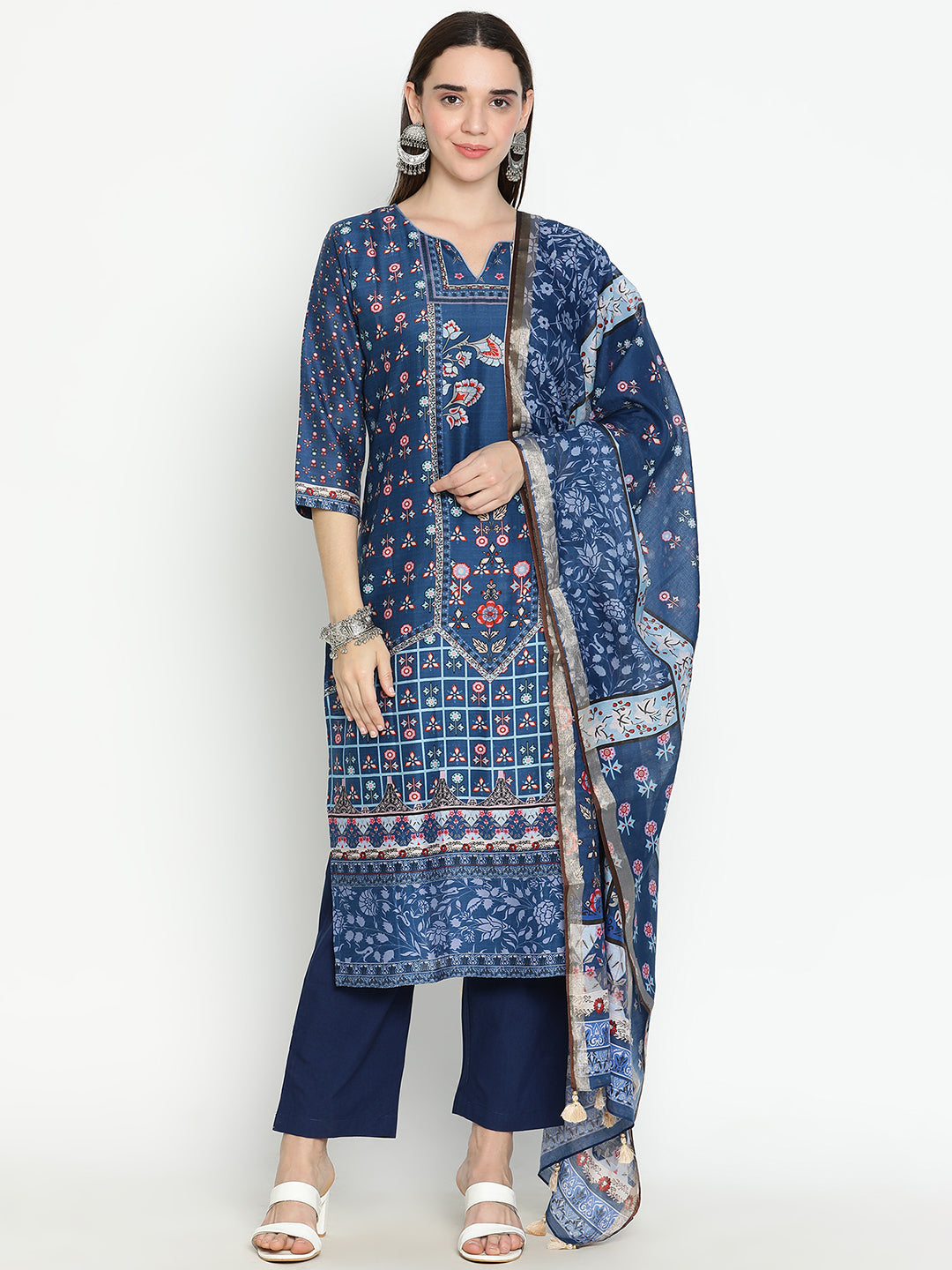 Shingora Blue Floral Printed Notch Neck Stitched Suit Set