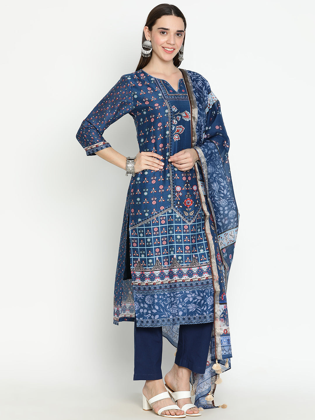 Shingora Blue Floral Printed Notch Neck Stitched Suit Set