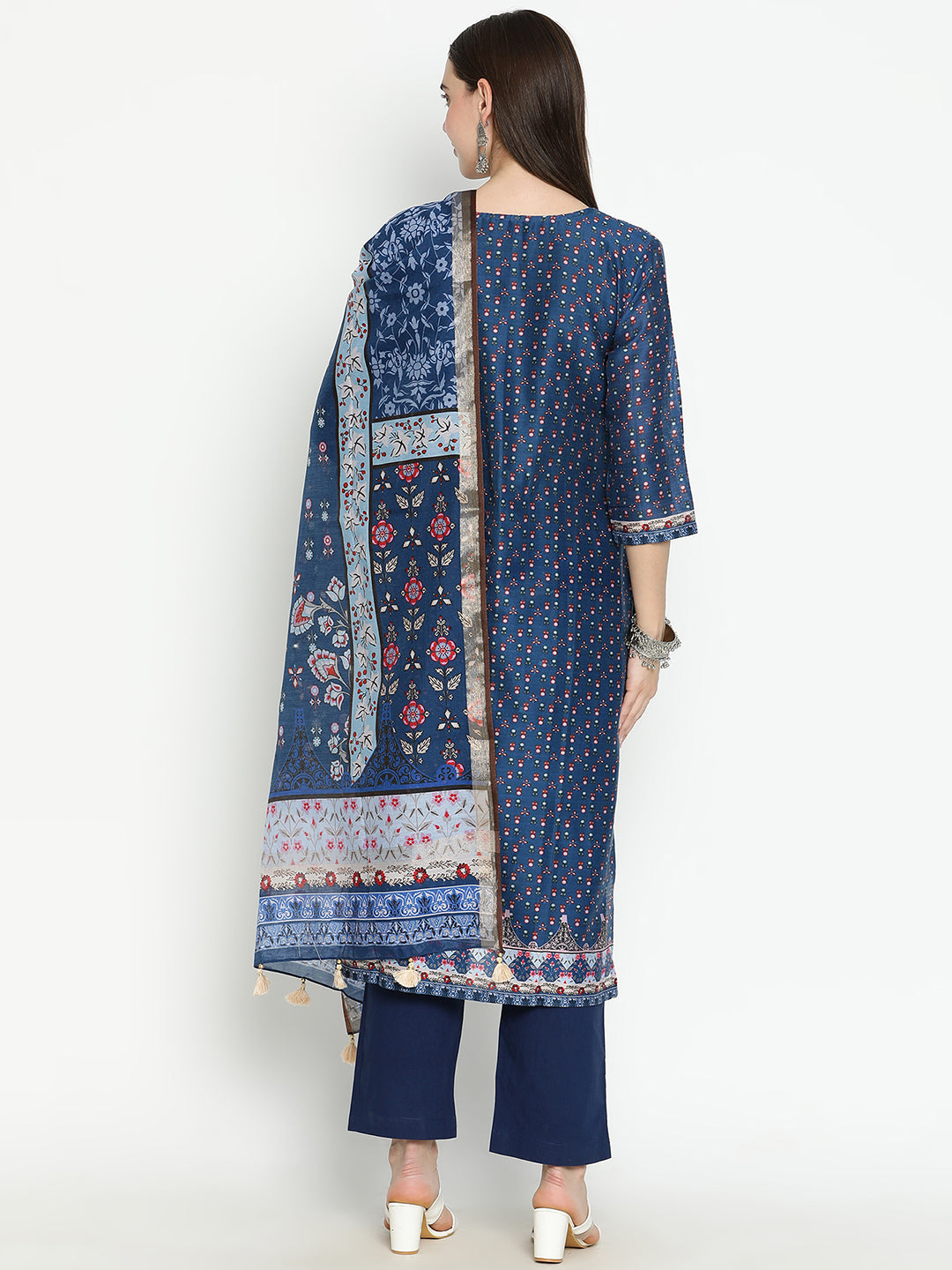 Shingora Blue Floral Printed Notch Neck Stitched Suit Set