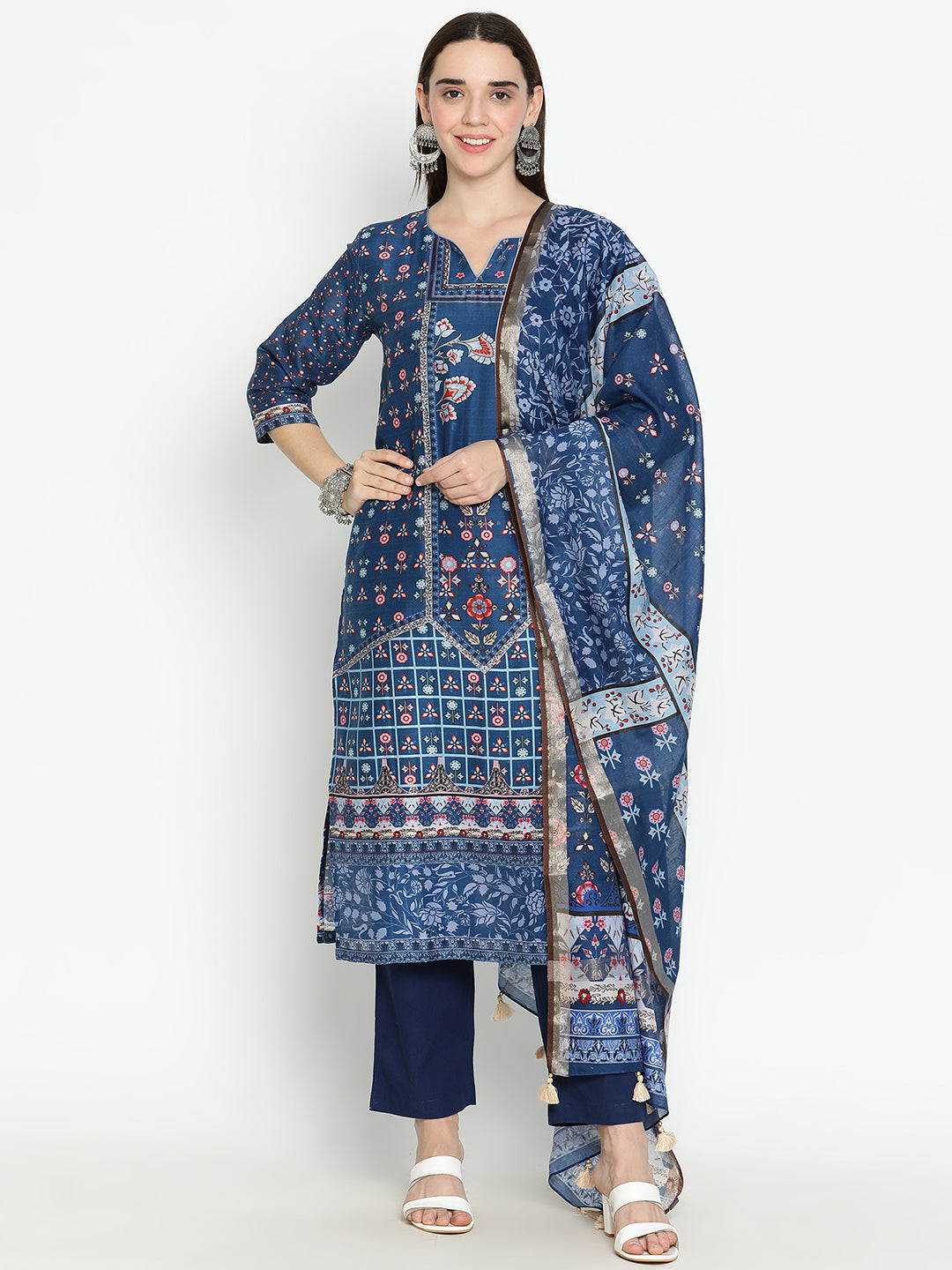 Shingora Blue Floral Printed Notch Neck Stitched Suit Set