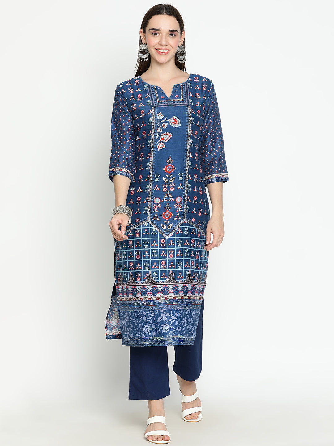 Shingora Blue Floral Printed Notch Neck Stitched Suit Set