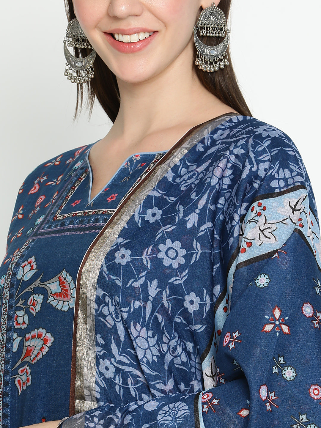 Shingora Blue Floral Printed Notch Neck Stitched Suit Set