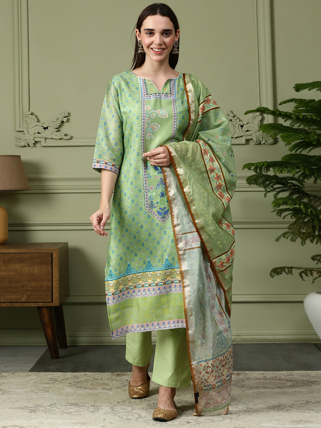 Shingora Green Floral Printed Notch Neck Stitched Suit Set