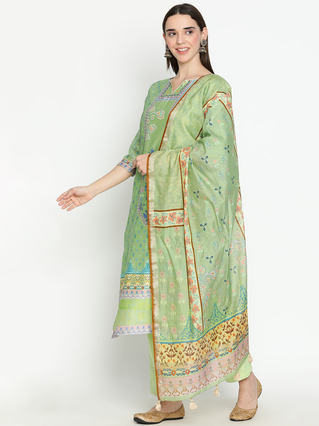 Shingora Green Floral Printed Notch Neck Stitched Suit Set
