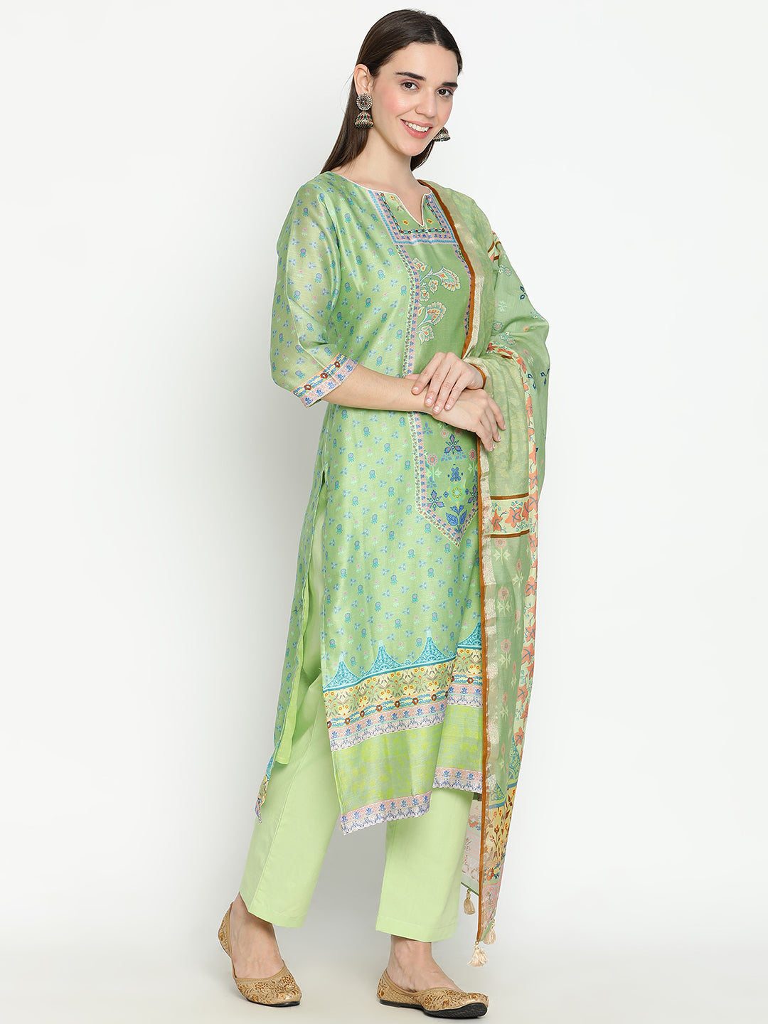 Shingora Green Floral Printed Notch Neck Stitched Suit Set