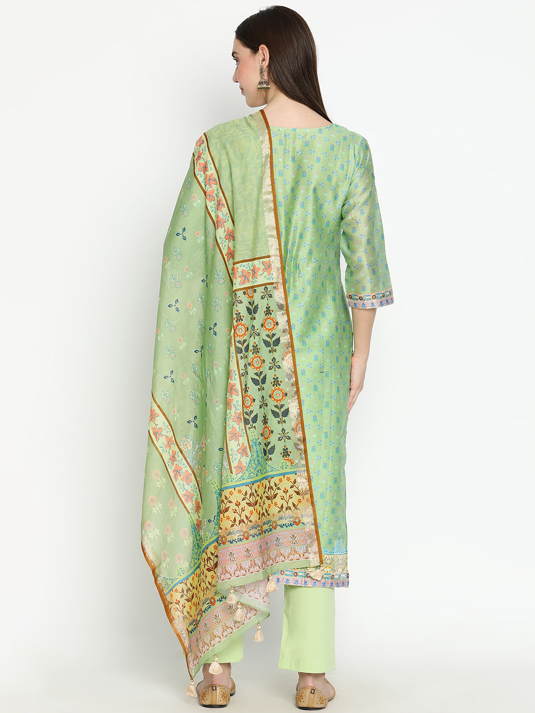Shingora Green Floral Printed Notch Neck Stitched Suit Set