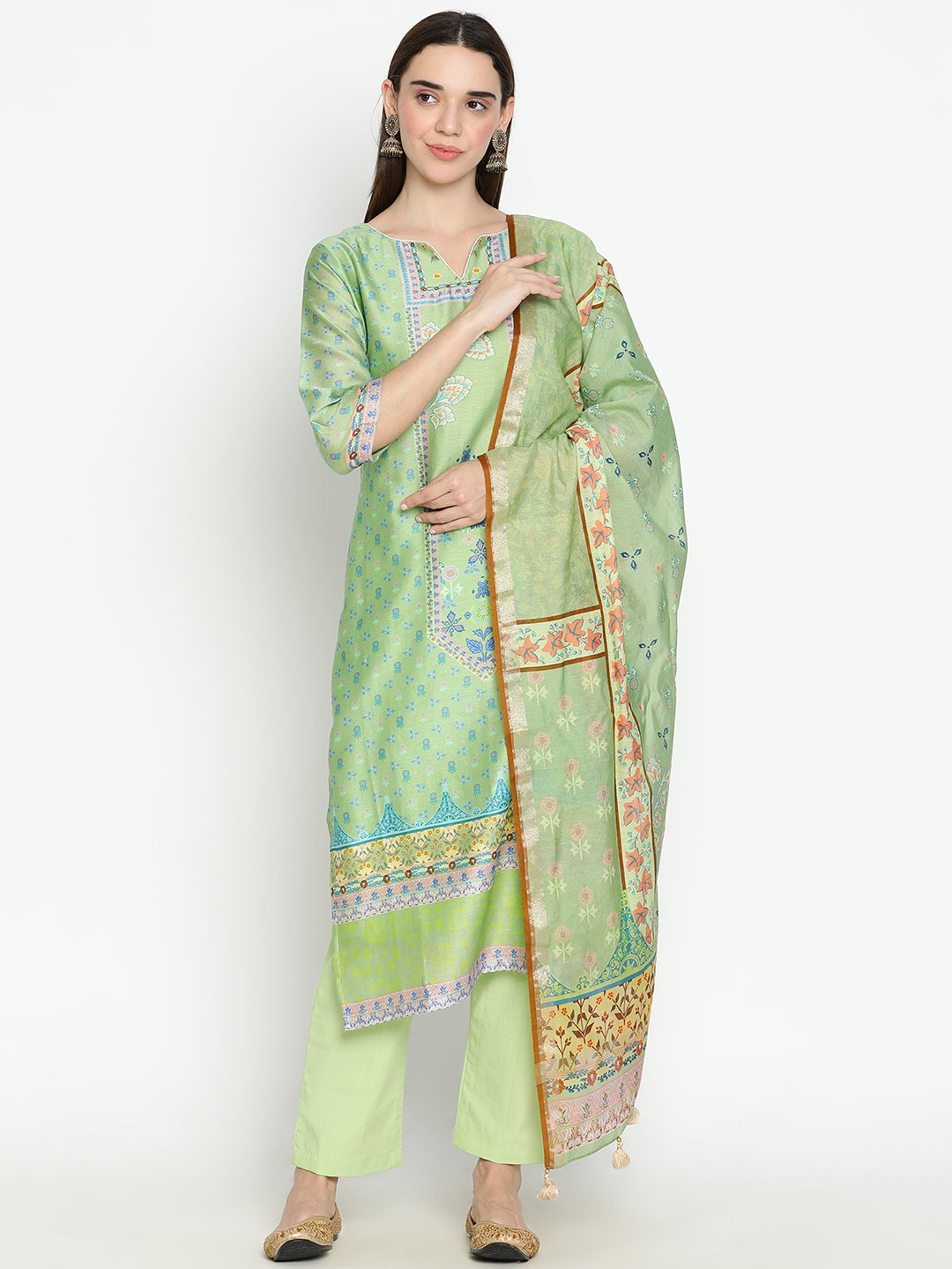 Shingora Green Floral Printed Notch Neck Stitched Suit Set