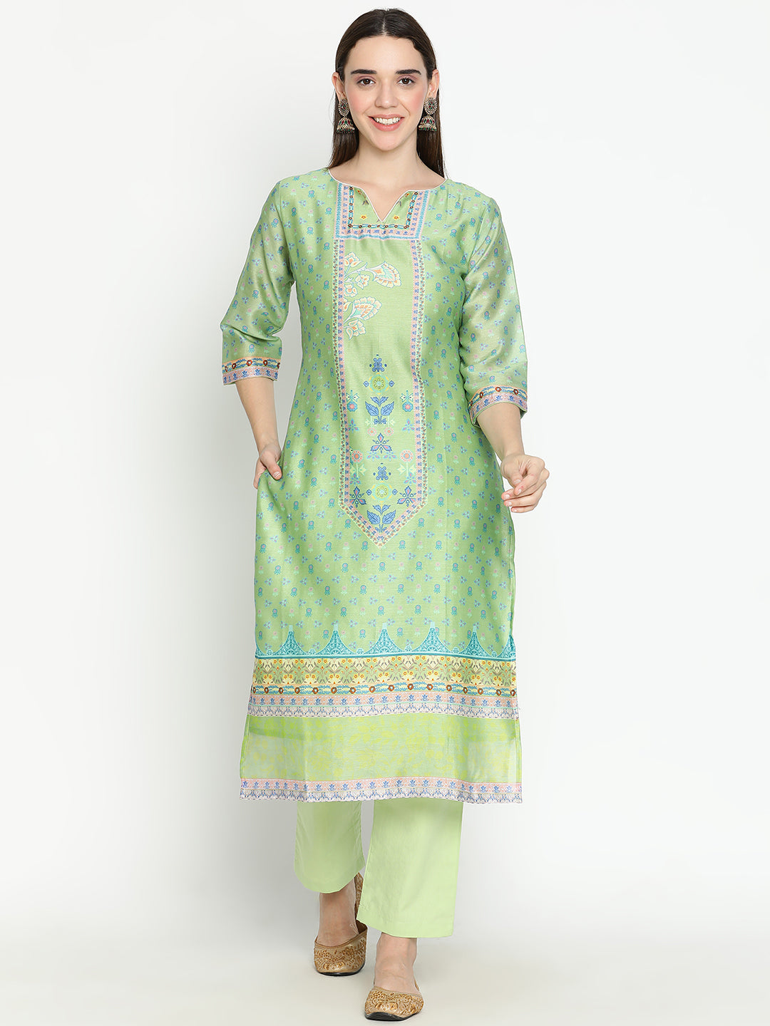 Shingora Green Floral Printed Notch Neck Stitched Suit Set