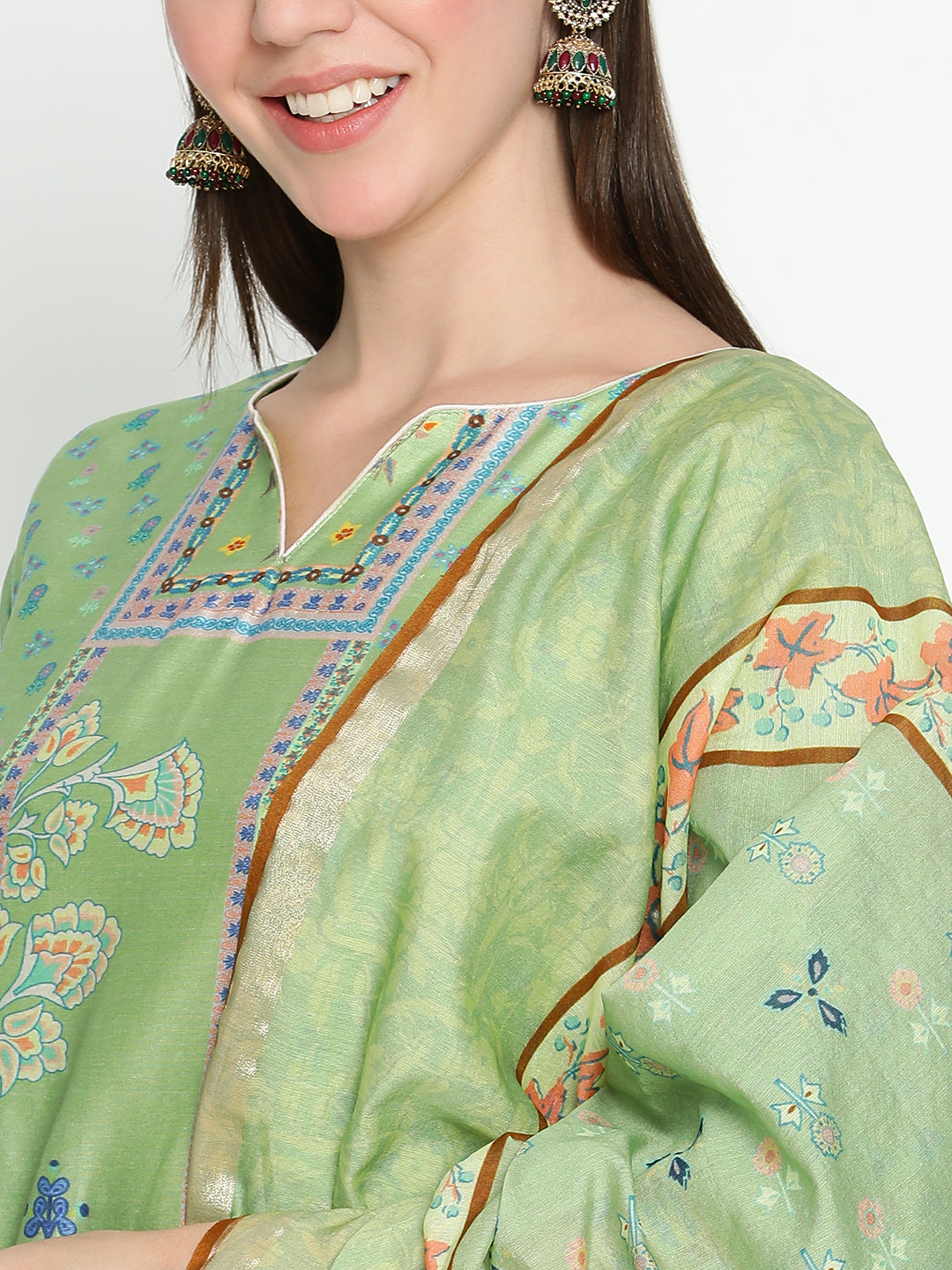 Shingora Green Floral Printed Notch Neck Stitched Suit Set