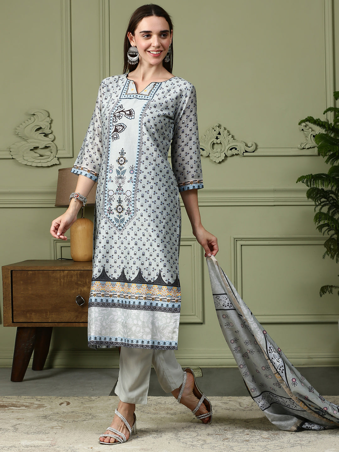 Shingora Grey Floral Printed Notch Neck Stitched Suit Set