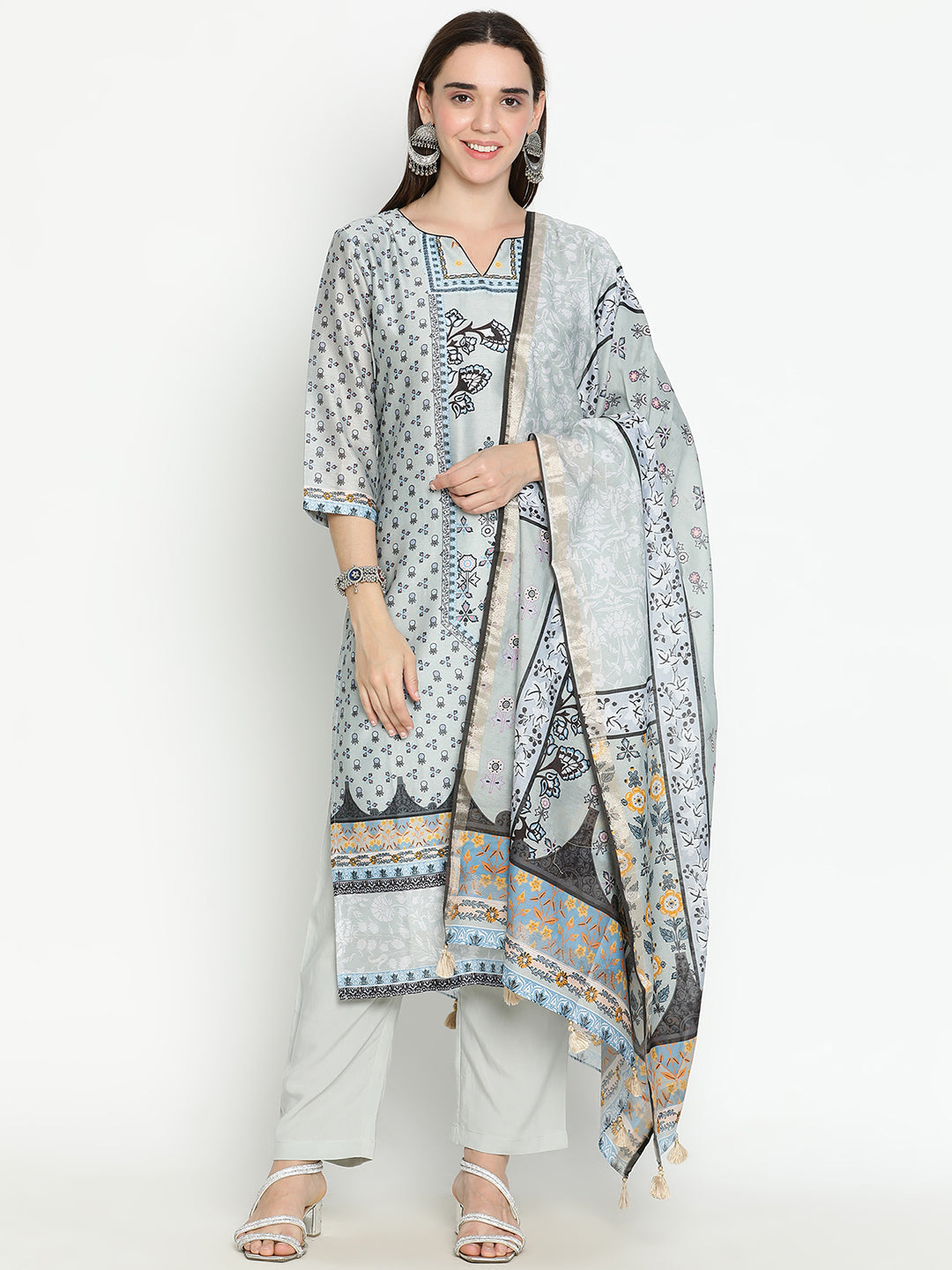 Shingora Grey Floral Printed Notch Neck Stitched Suit Set