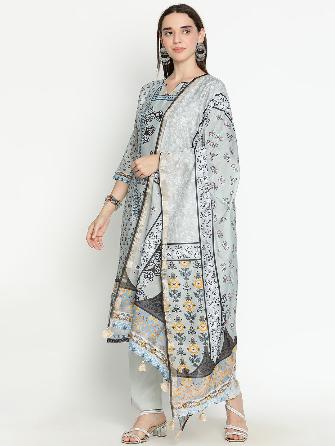 Shingora Grey Floral Printed Notch Neck Stitched Suit Set