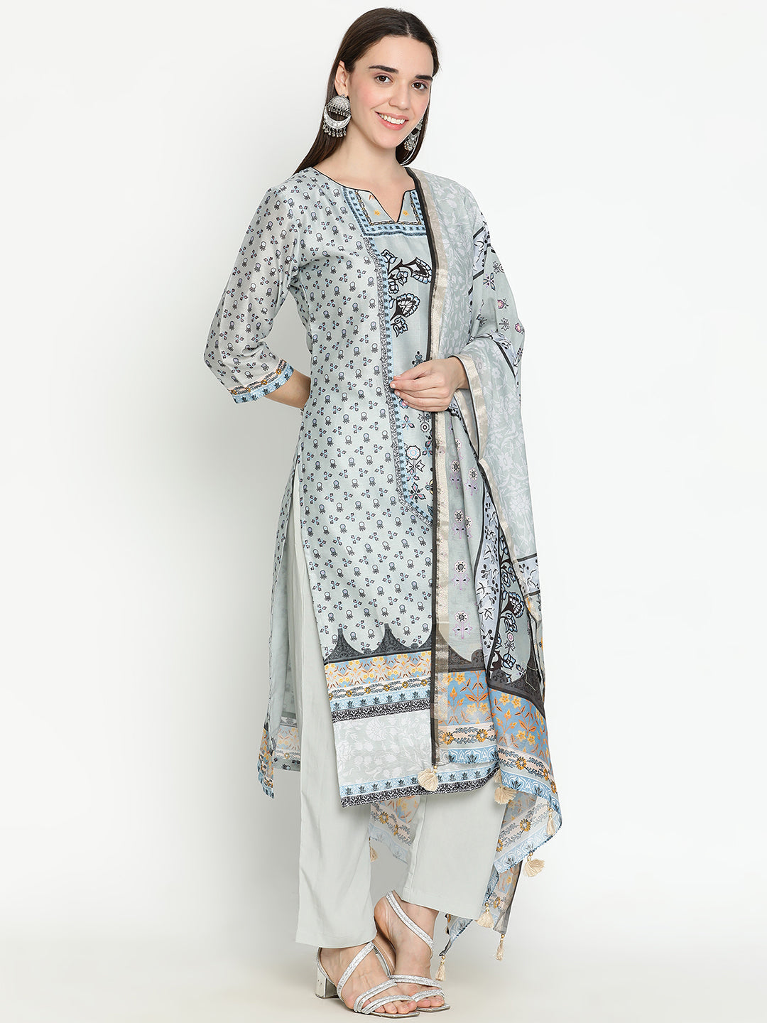 Shingora Grey Floral Printed Notch Neck Stitched Suit Set