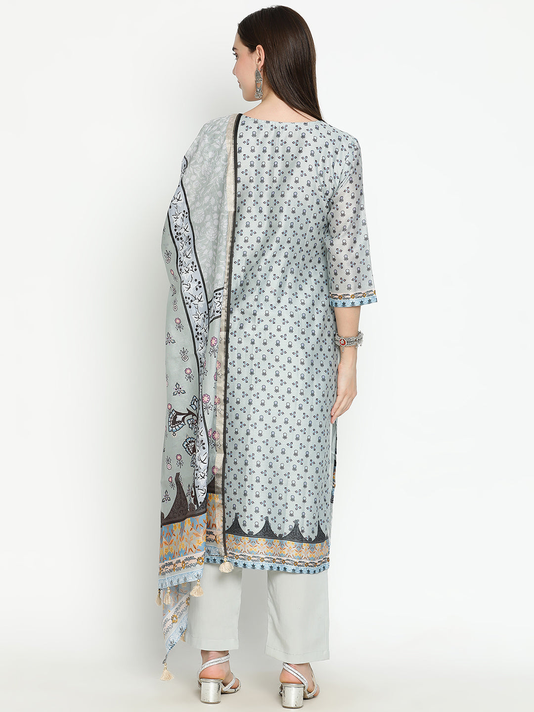 Shingora Grey Floral Printed Notch Neck Stitched Suit Set