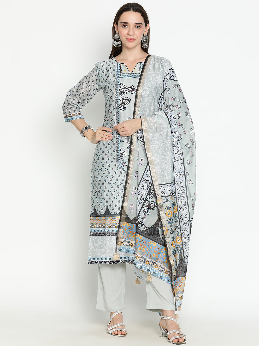 Shingora Grey Floral Printed Notch Neck Stitched Suit Set