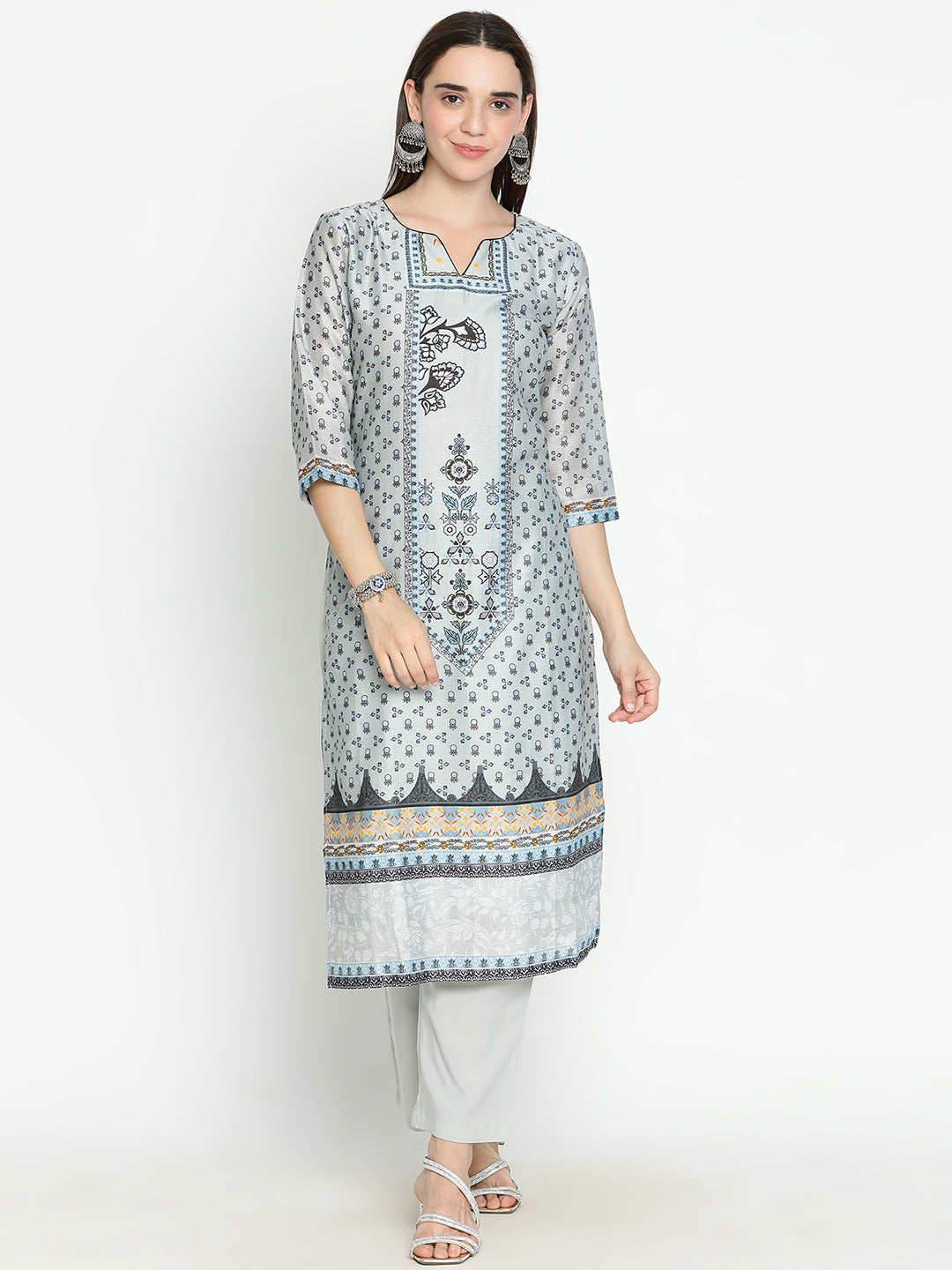 Shingora Grey Floral Printed Notch Neck Stitched Suit Set
