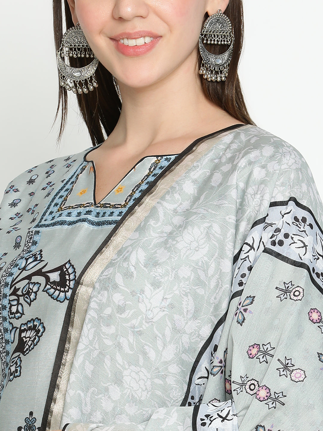 Shingora Grey Floral Printed Notch Neck Stitched Suit Set