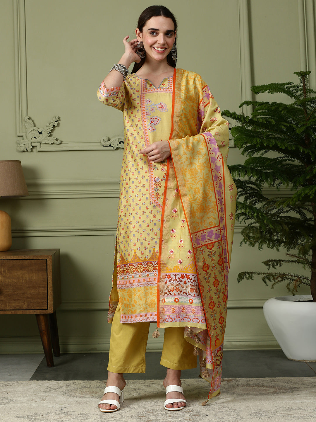 Shingora Yellow Floral Printed Notch Neck Stitched Suit Set