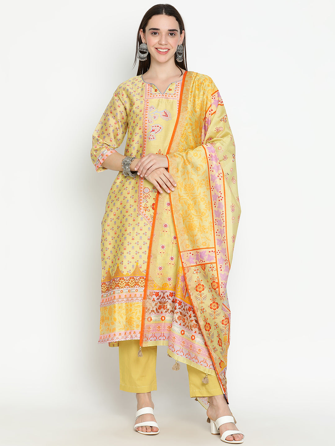 Shingora Yellow Floral Printed Notch Neck Stitched Suit Set