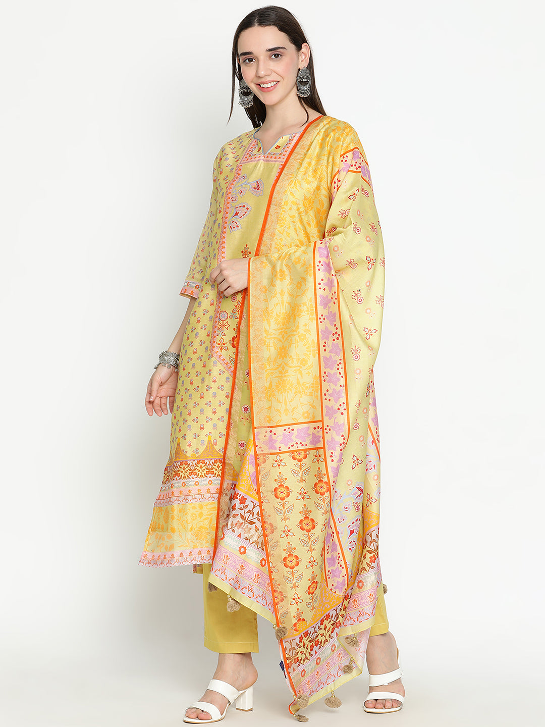Shingora Yellow Floral Printed Notch Neck Stitched Suit Set
