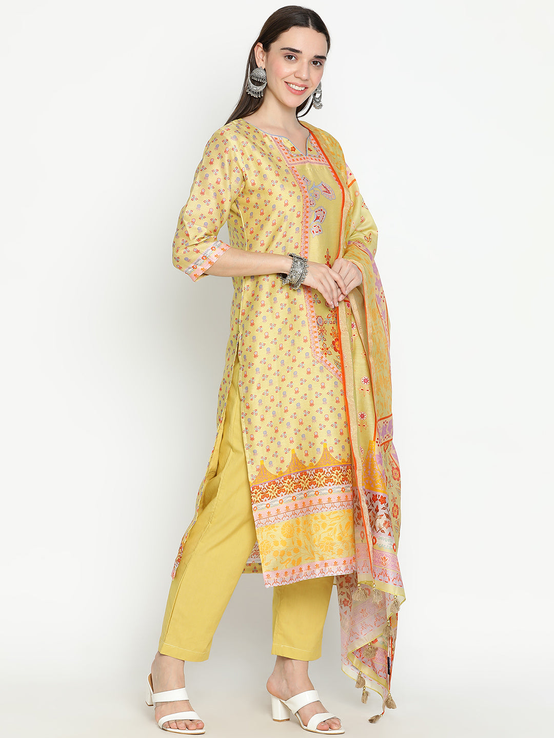 Shingora Yellow Floral Printed Notch Neck Stitched Suit Set