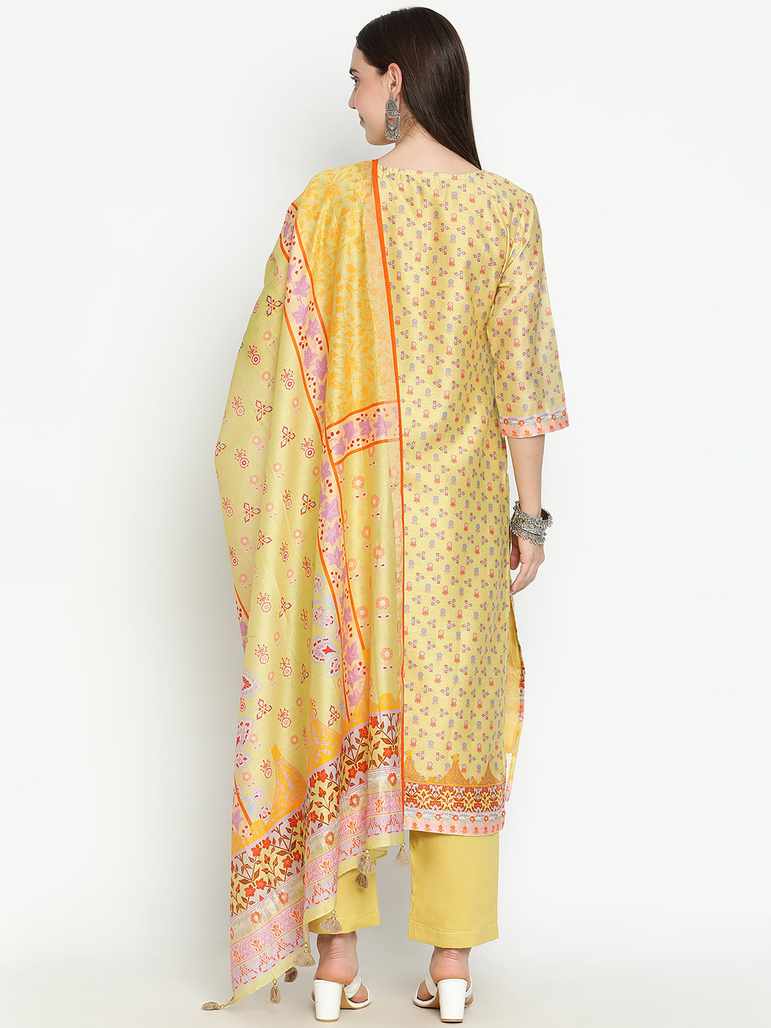 Shingora Yellow Floral Printed Notch Neck Stitched Suit Set