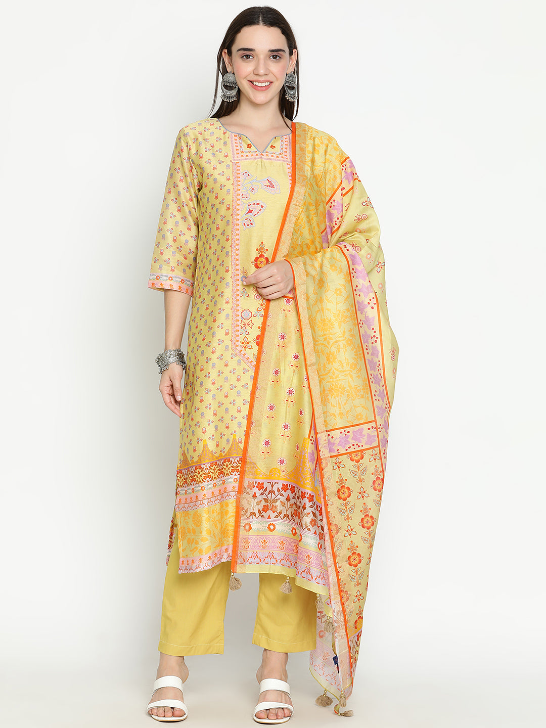 Shingora Yellow Floral Printed Notch Neck Stitched Suit Set