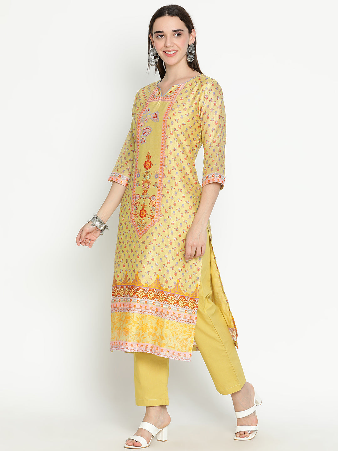 Shingora Yellow Floral Printed Notch Neck Stitched Suit Set