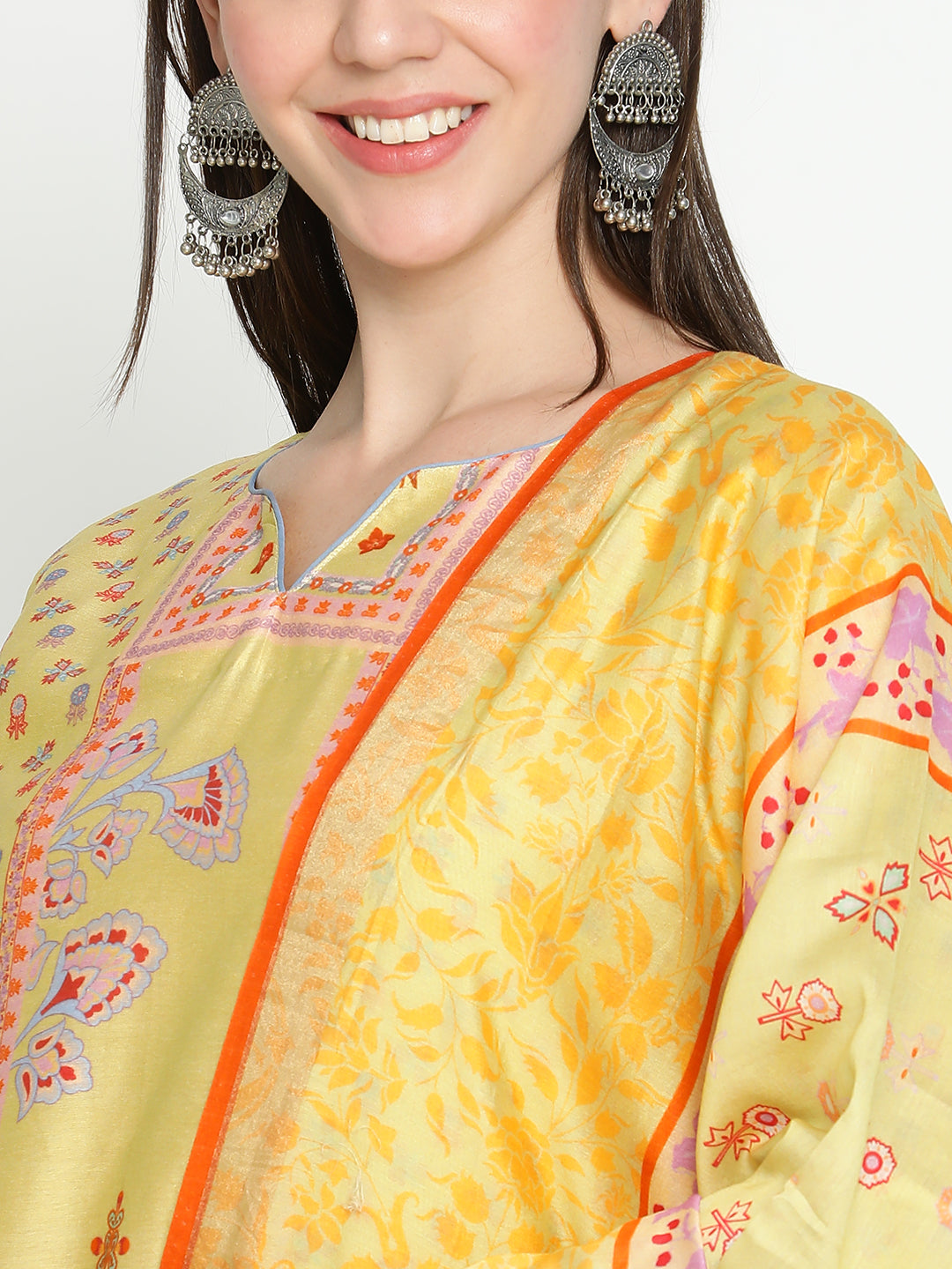 Shingora Yellow Floral Printed Notch Neck Stitched Suit Set