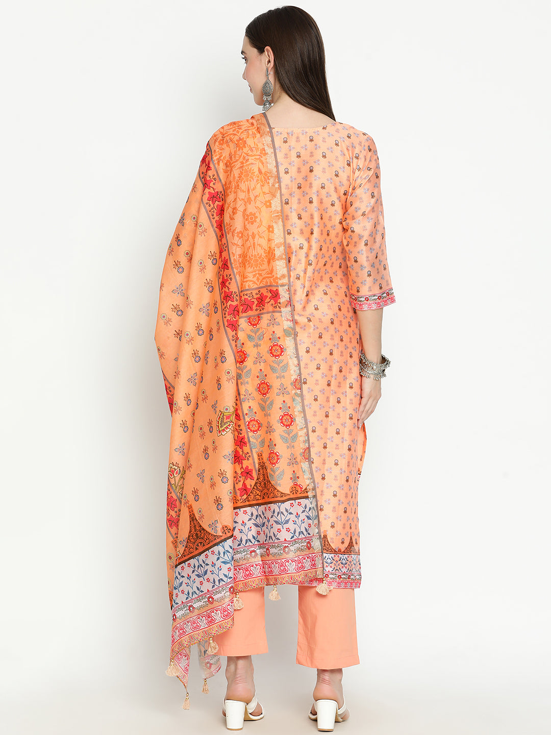 Shingora Peach Floral Printed Notch Neck Stitched Suit Set