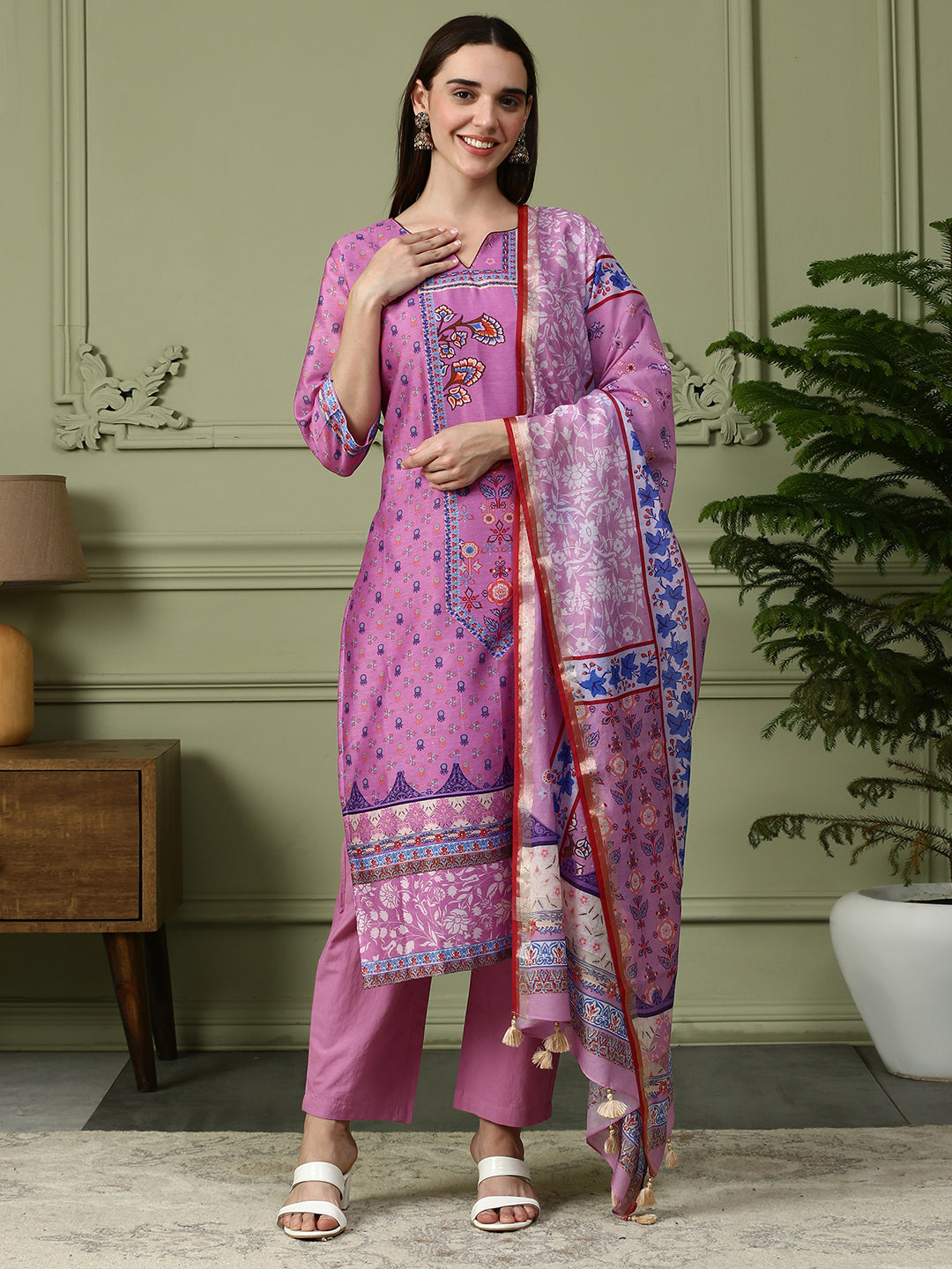 Shingora Mauve Floral Printed Notch Neck Stitched Suit Set