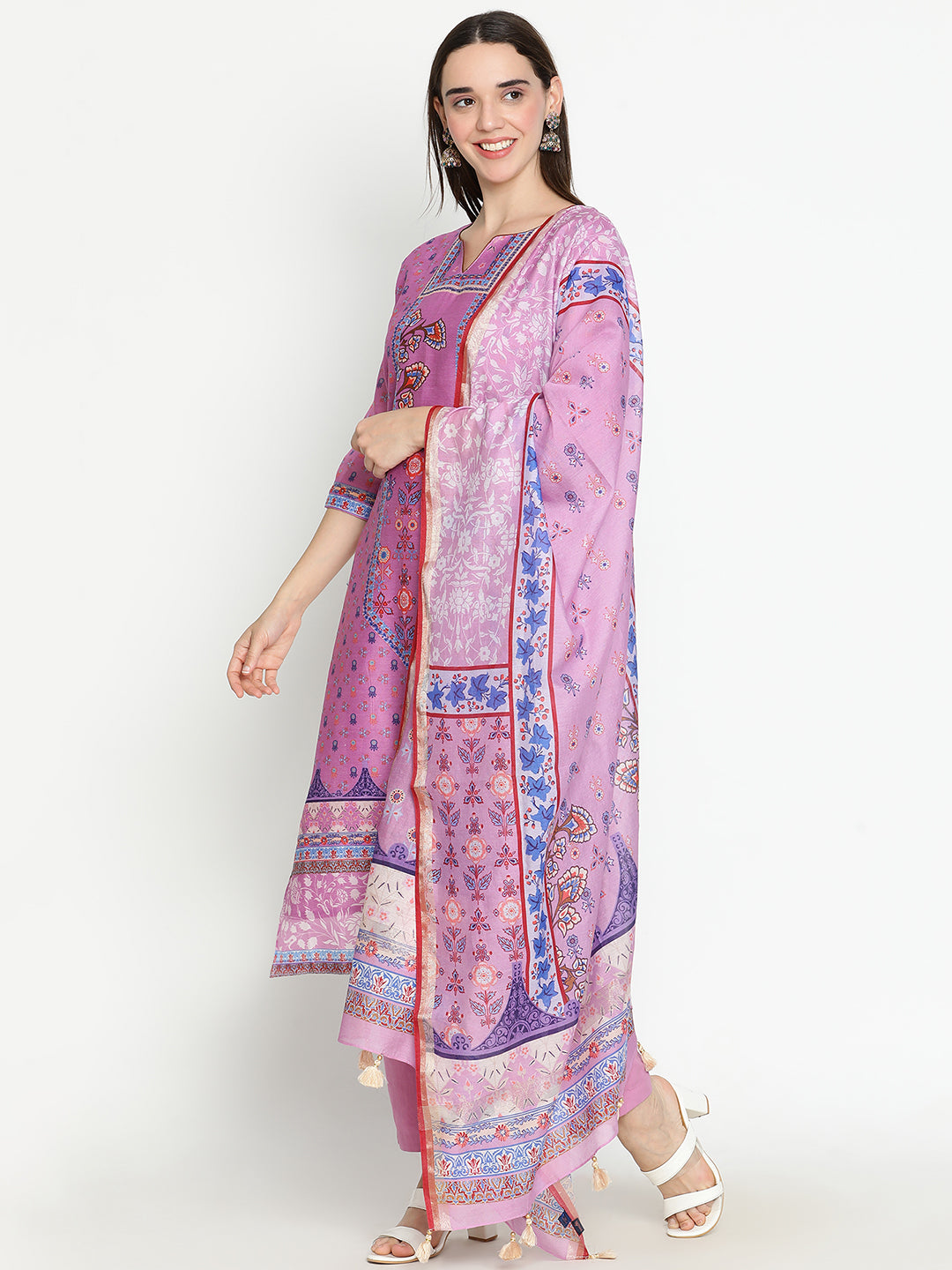Shingora Mauve Floral Printed Notch Neck Stitched Suit Set